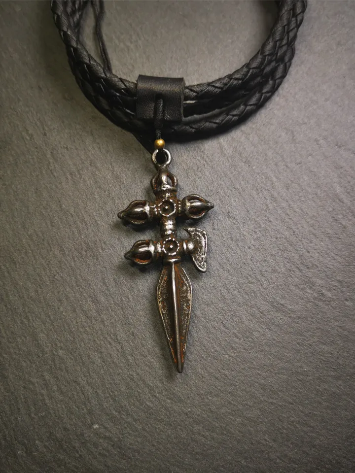 Gandhanra Vintage Cross Vajra Phurba Amulet,Kila(Dorje Phurba) Pendant,Tibetan Budhist Ritual Implement,made of Thokcha,40 Years Old