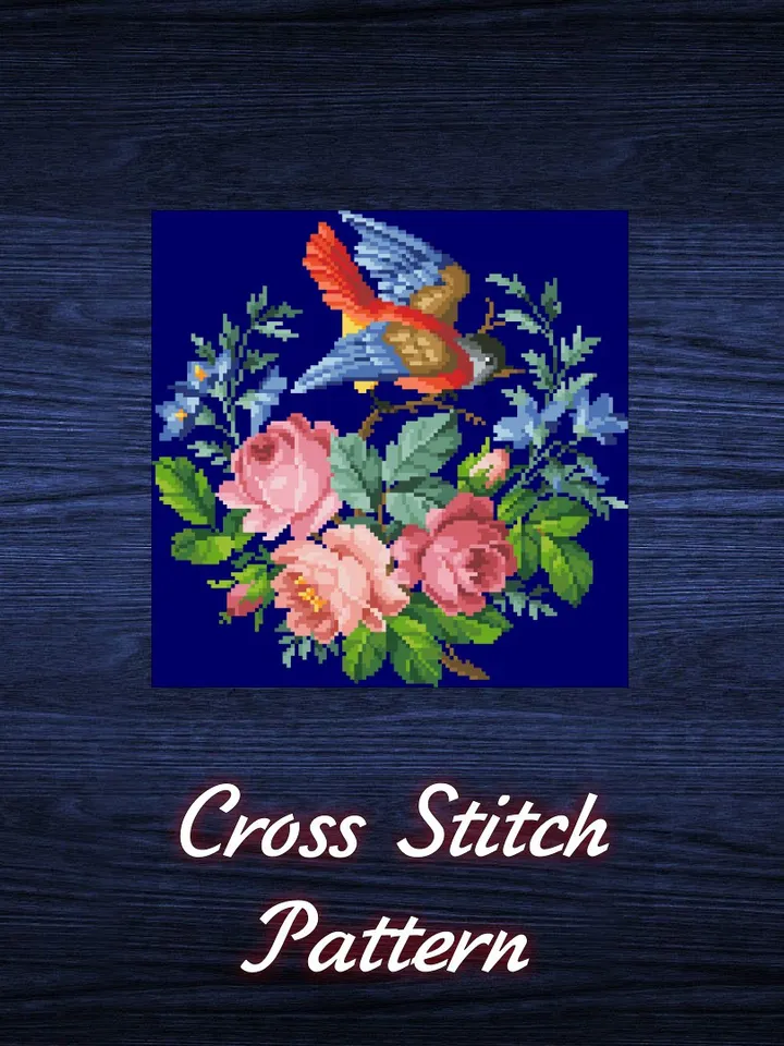 Antique Cross Stitch Pattern Little Bird with Flowers Digital Download PDF