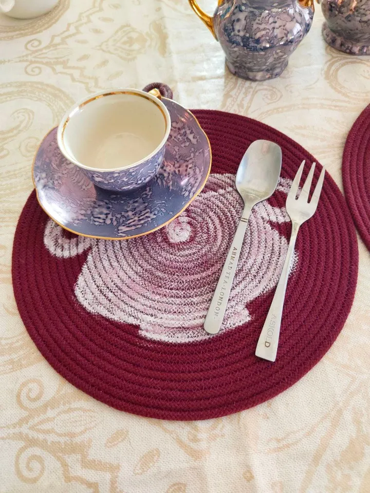 porcelain wall art,set of 3,macrame wall hanging,quilted amphora,burgundy decor,burgundy napkin,coaster,sorority wall art,cloth placemat set