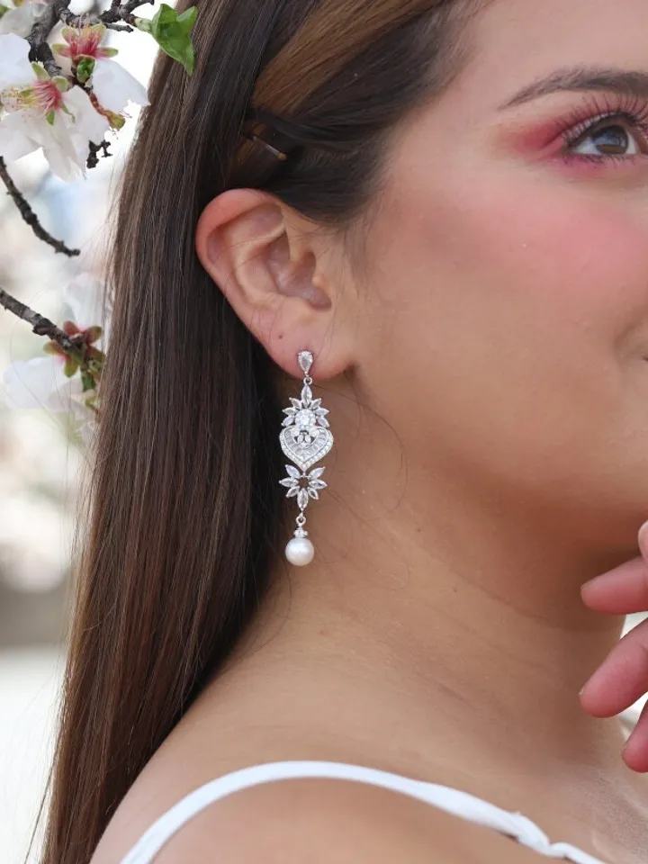 Art Deco Silver Swarovski Crystal Statement Wedding Earrings, Drop Pearl Chandelier Bridal Earrings, Boho Wedding Earrings, Bridal Jewelry