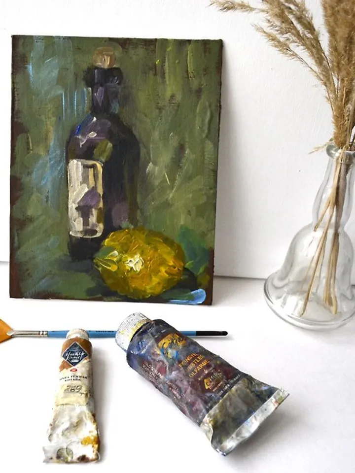 Wine Painting Lemon Original Impasto Painting Wine Bottle Art