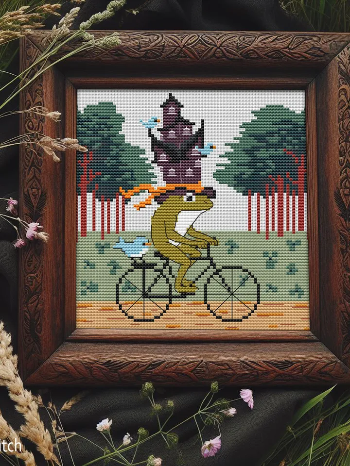 Motty Traveler Frog and The Tenement hat cross stitch pattern
