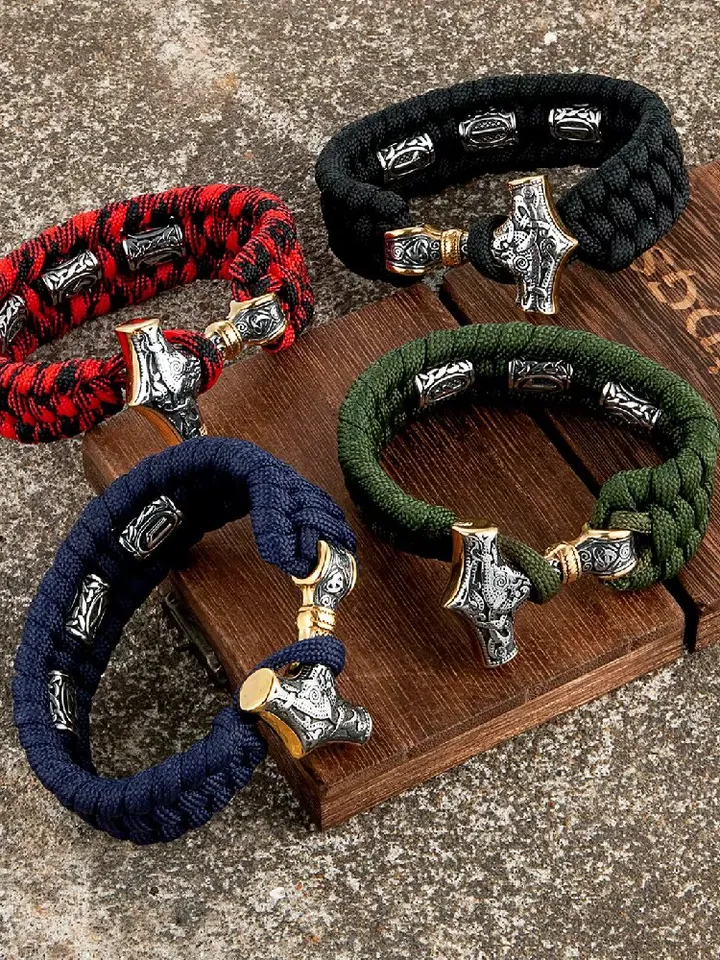 Paracord and stainless steel bracelet with Celtic runes and Thor's hammer