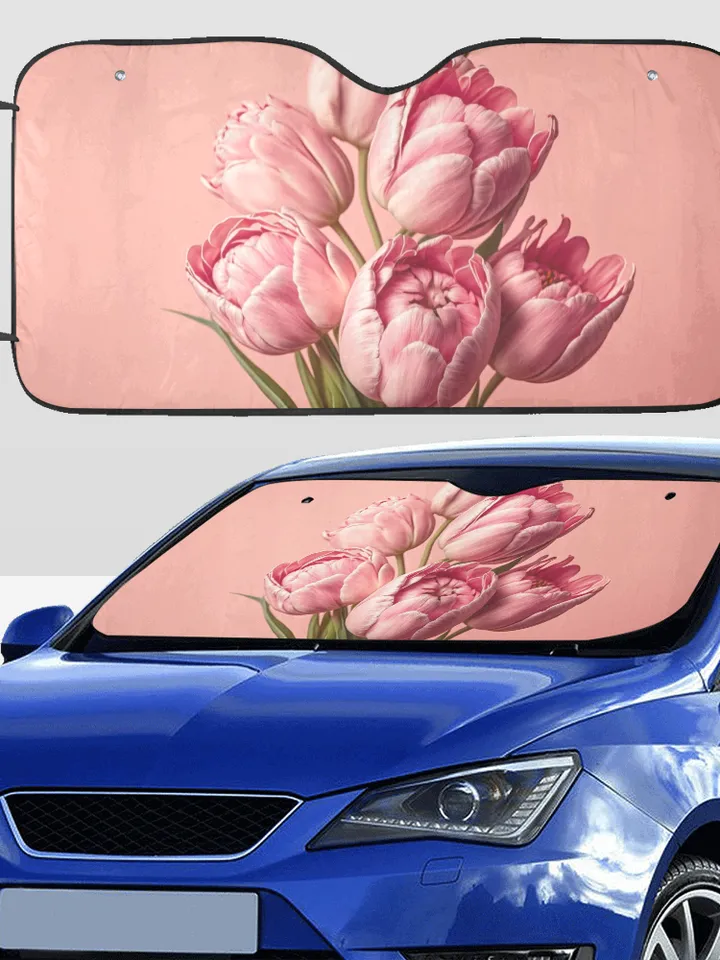 Pink Tulips Flowers Car SunShade