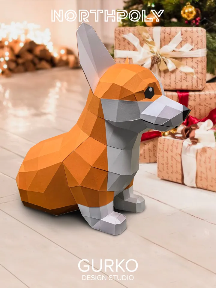 Papercraft Corgi Puppy, Dog, Digital Template, PDF Download, Gurko, Low Poly, Pepakura, Origami Sculpture, Paper Party Decoration, DIY Gift