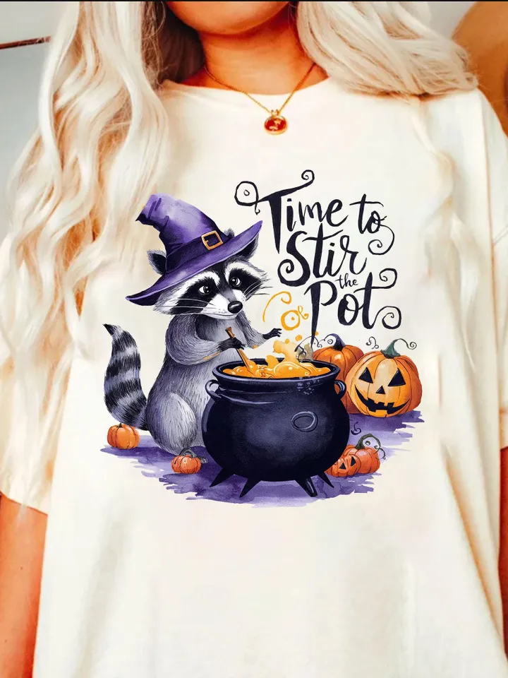 Time To Stir The Pot Png Funny Raccoon Witch Retro Halloween Png Spooky Season Png Funny Halloween Witch Brew Png Vintage design ORIGINAL