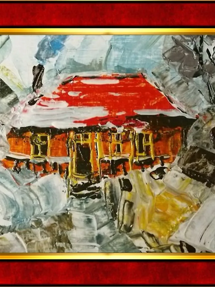 small picture of winter landscape,house in the forest,house in the snow,oil