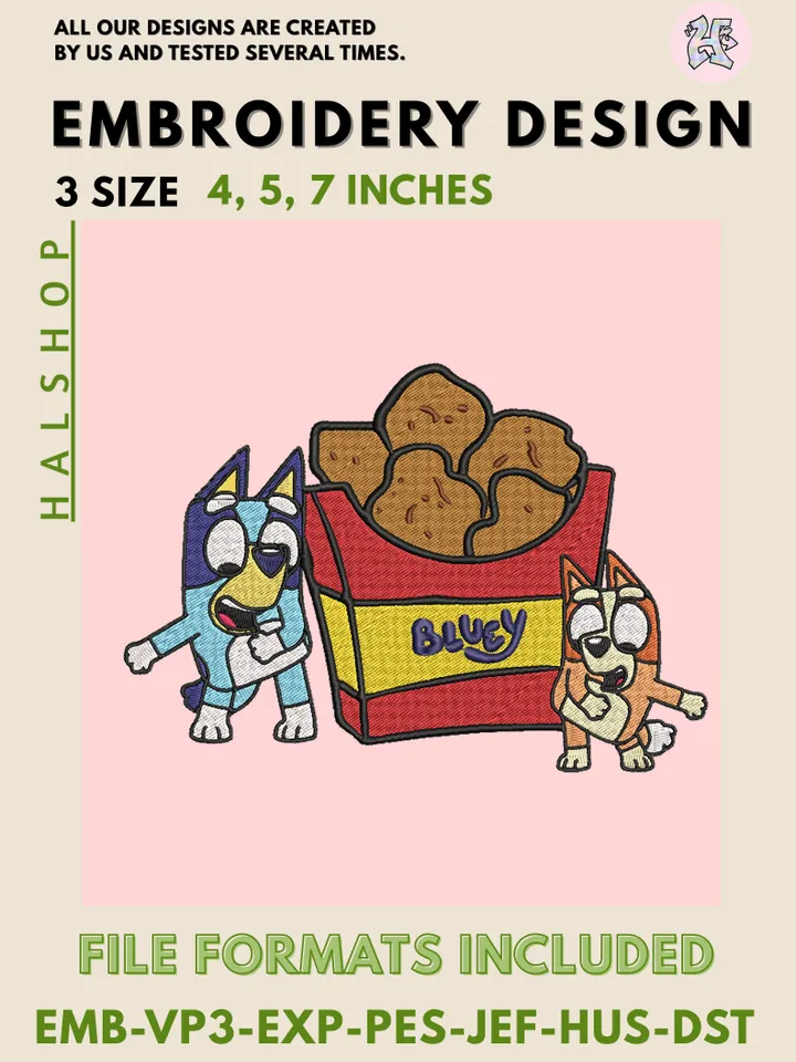 Bluey and Bingo with Chicken Nuggets Box Machine Embroidery Design – Cute Cartoon Digital Embroidery File 🐶🍟✨