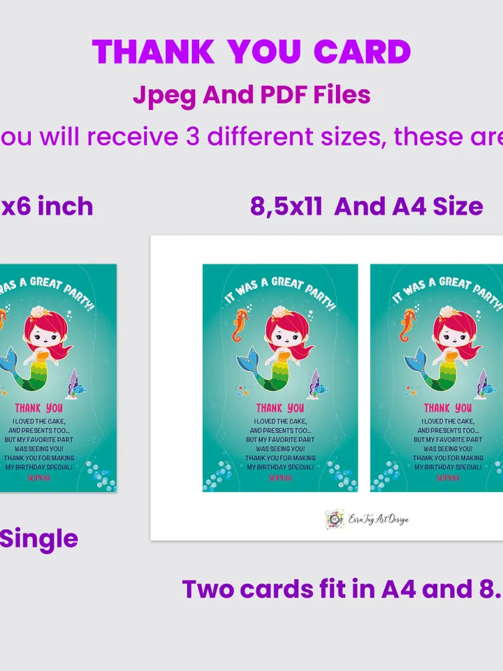 Personalized Digital Birthday Invitation, Mermaid Party Bundle, Kids Birthday Invitation Bundle, Birthday Invite Set, Mermaid Party Set