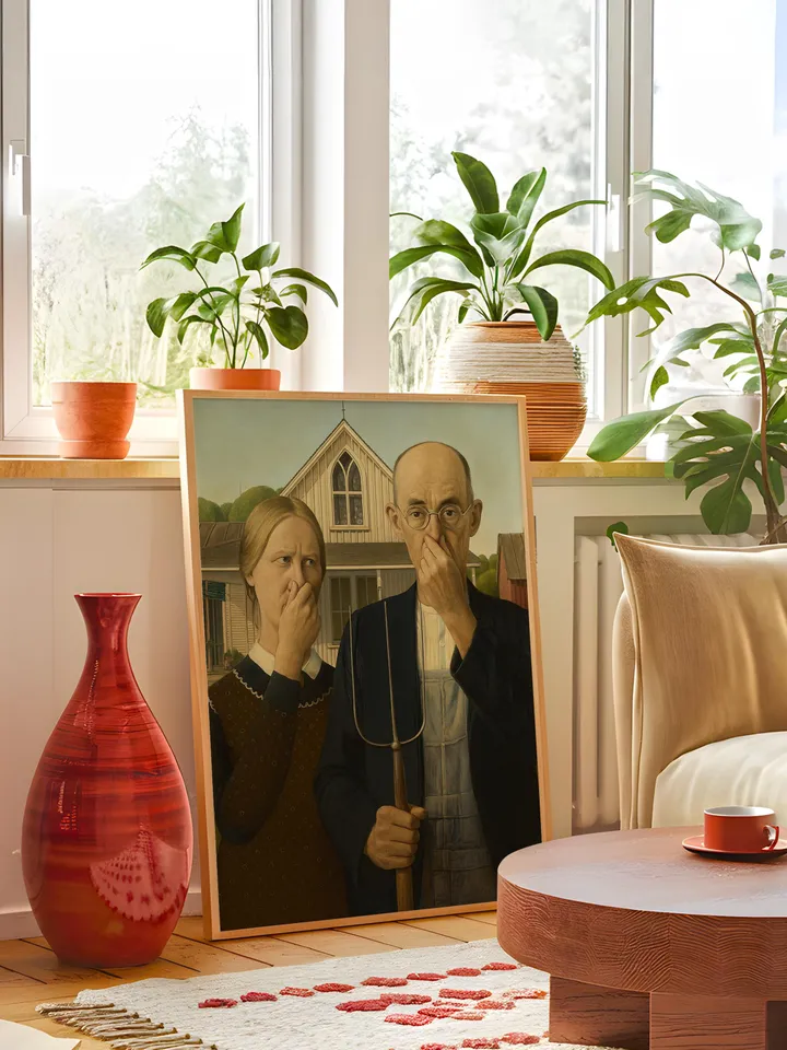 Funny American Gothic Bathroom Art Print Poster Altered Vintage Surreal Eclectic Prank Gift Maximalist Wall Decor Humor Digital Download