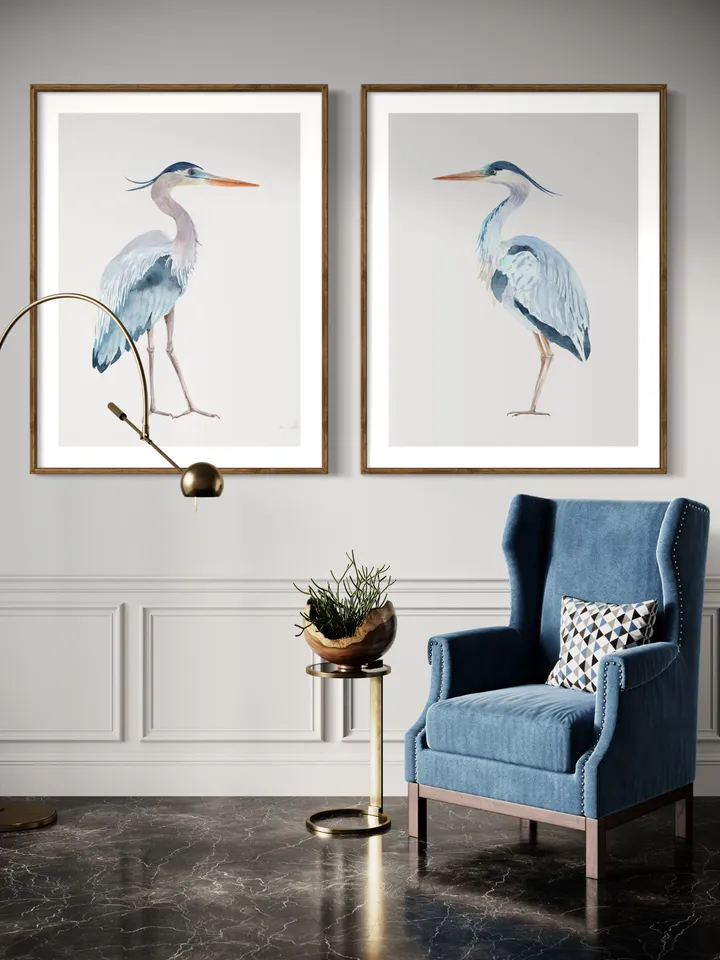 Blue Heron Set Of 2 Watercolor Painting, Bird Lover Gift, Beach House Art, Home Decor Gift, Bathroom Wall Decor, Great Heron Painting Print