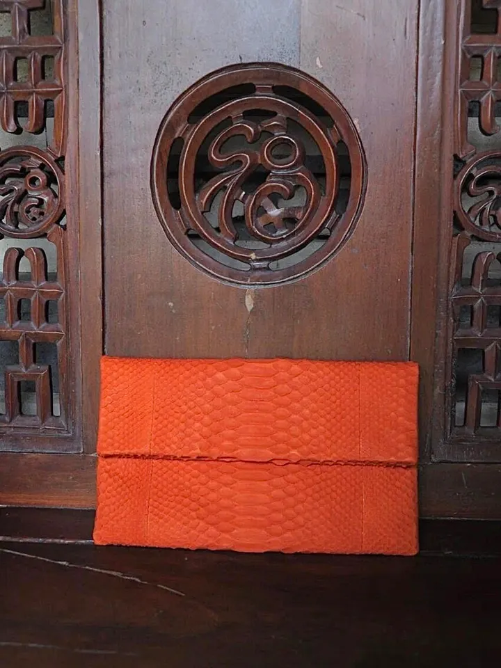Genuine Python Skin Envelope Orange Clutch | Exotic Leather Bags | Small Classy Handmade Purse | Flat Elegant Evening Clutch| Snake Bag