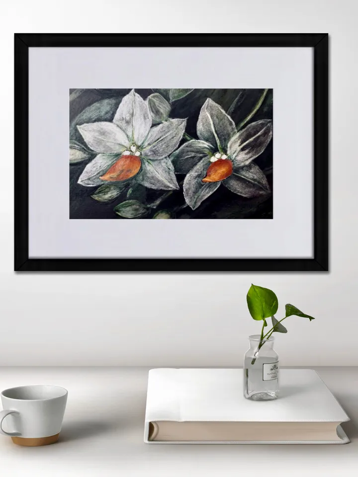 White orchids on black background Matte Paper Framed Poster,orchids painting,flowers wall art,home decoration gift.