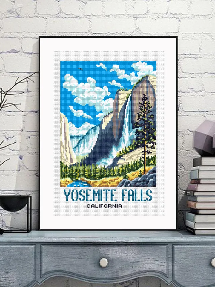 Yosemite falls national park cross stitch pattern PDF download Travel poster cross stitch chart, Mountain landscape pattern digital PDF #L96