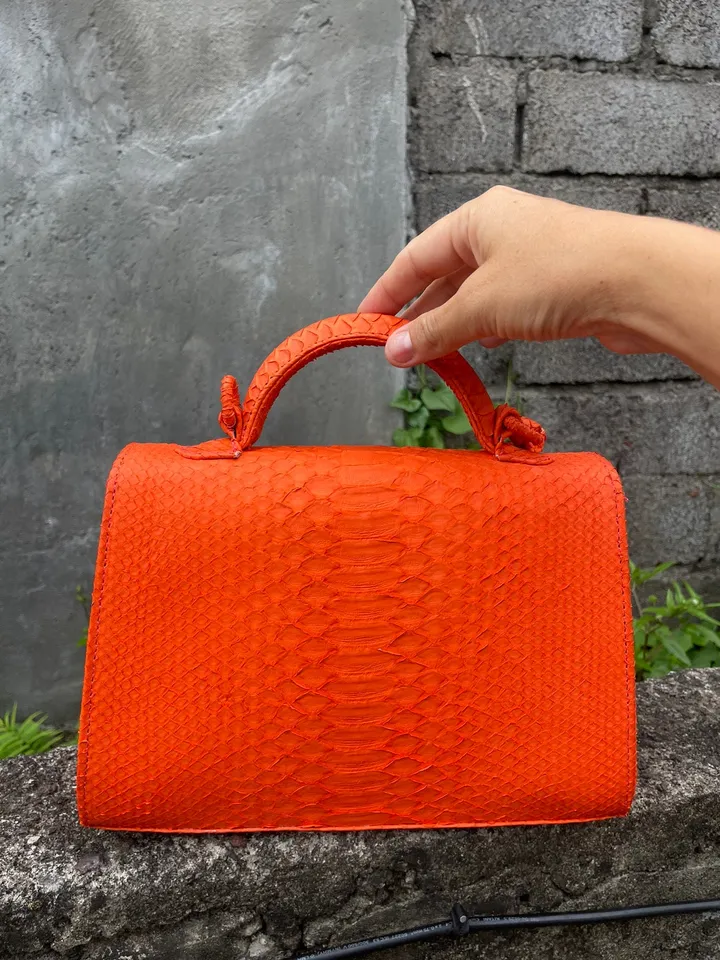 Top handle orange classy genuine python skin bag | exotic leather bags | Elegant women purse | snake skin bag | designer leather bag