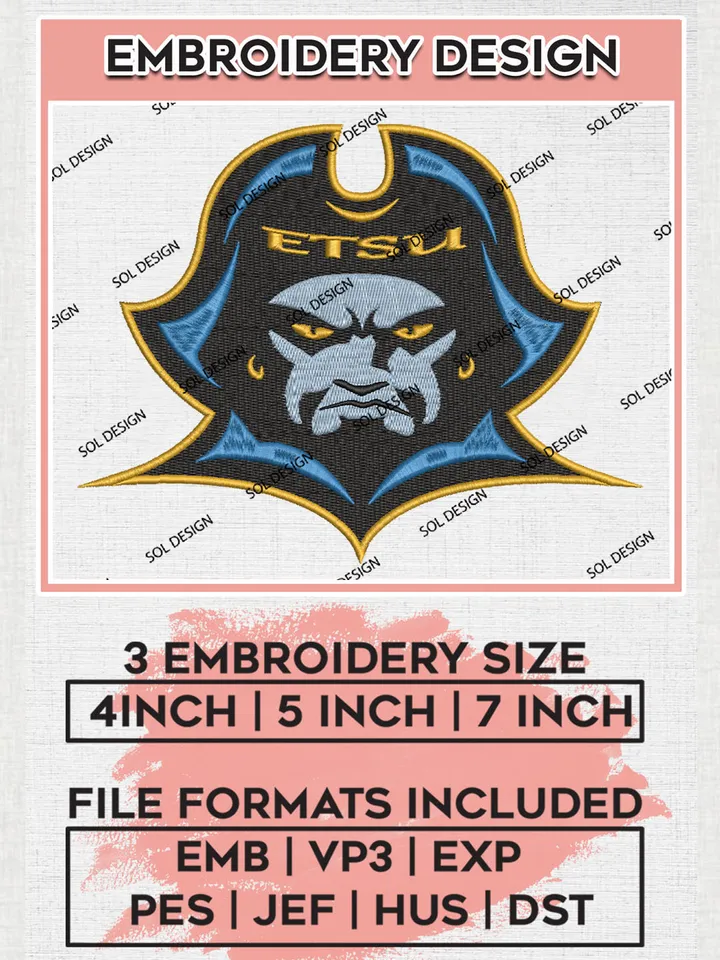 NCAA East Tennessee State Buccaneers Team Head Logo Embroidery Design Files, NCAA East Tennessee State Buccaneers Machine Embroidery, NCAA Teams, 3 sizes, NCAA Machine embroidery designs, Digital Download