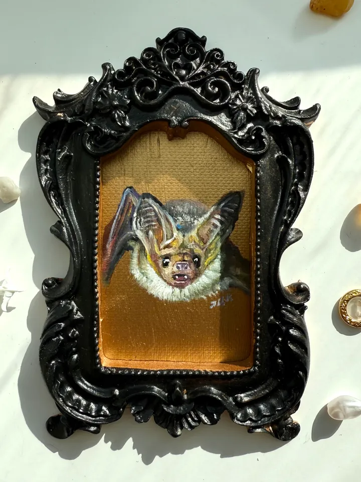 Big Ear Bat Painting Small Original Framed Art Goth Bat Gifts, Mini Gold Framed Decor Bat Art, Tiny Art Wall Decor