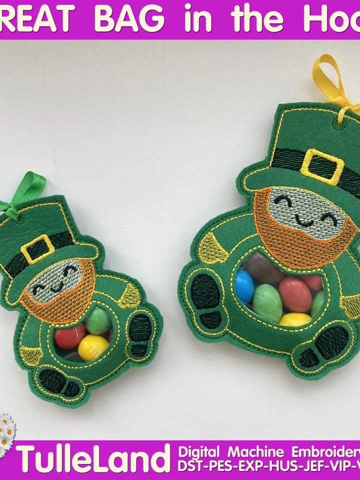 In The Hoop Machine Embroidery design ITH Peekabo Bag St. Patrick Day LeprechaunTreat Bag ITH Pattern.