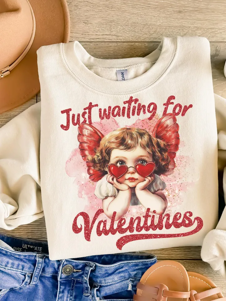 Just Waiting For Valentine's Png, Retro Valentine Shirt Design, Gold Glittered Cupid, Valentine's Day Png, Valentine Love Png Digital