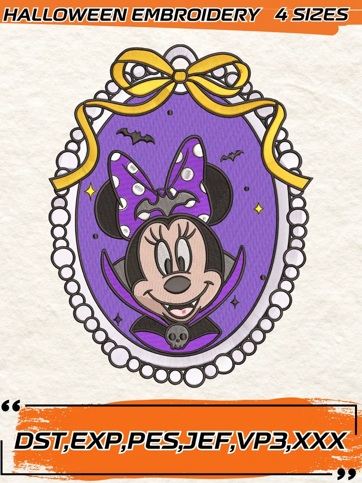 Disney Minnie Mouse Vampire Embroidery Design,Halloween Mirror Bow Embroidery Design,4 Sizes, Digital Download