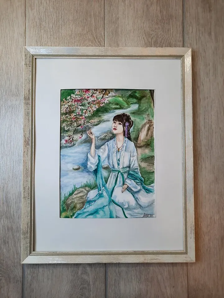 Woman painting Watercolor painting Original painting Blossom Sakura art Oriental