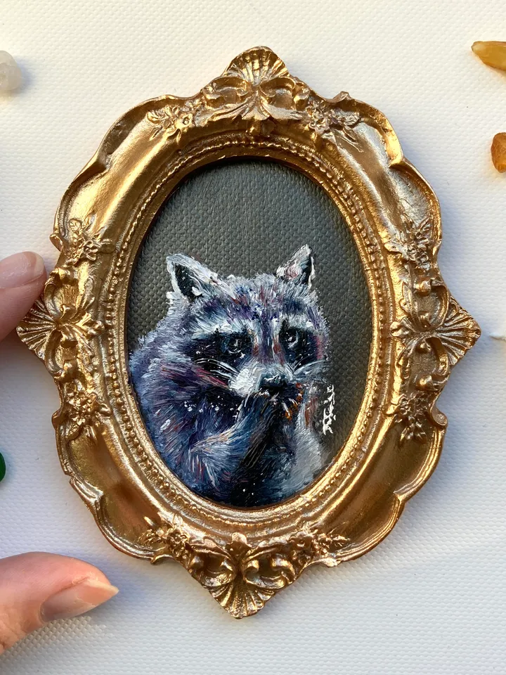 Raccoon Oil Painting Original In Vintage Style Frame Small Framed Animals Wildlife Art Oval Frame