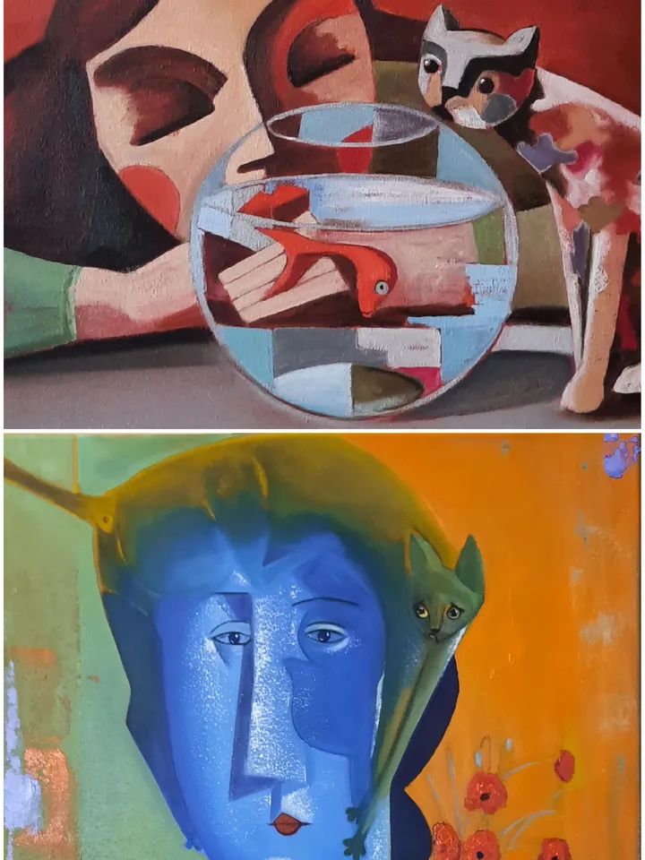 Two oil paintings Collection paintings Woman with cat Diptych