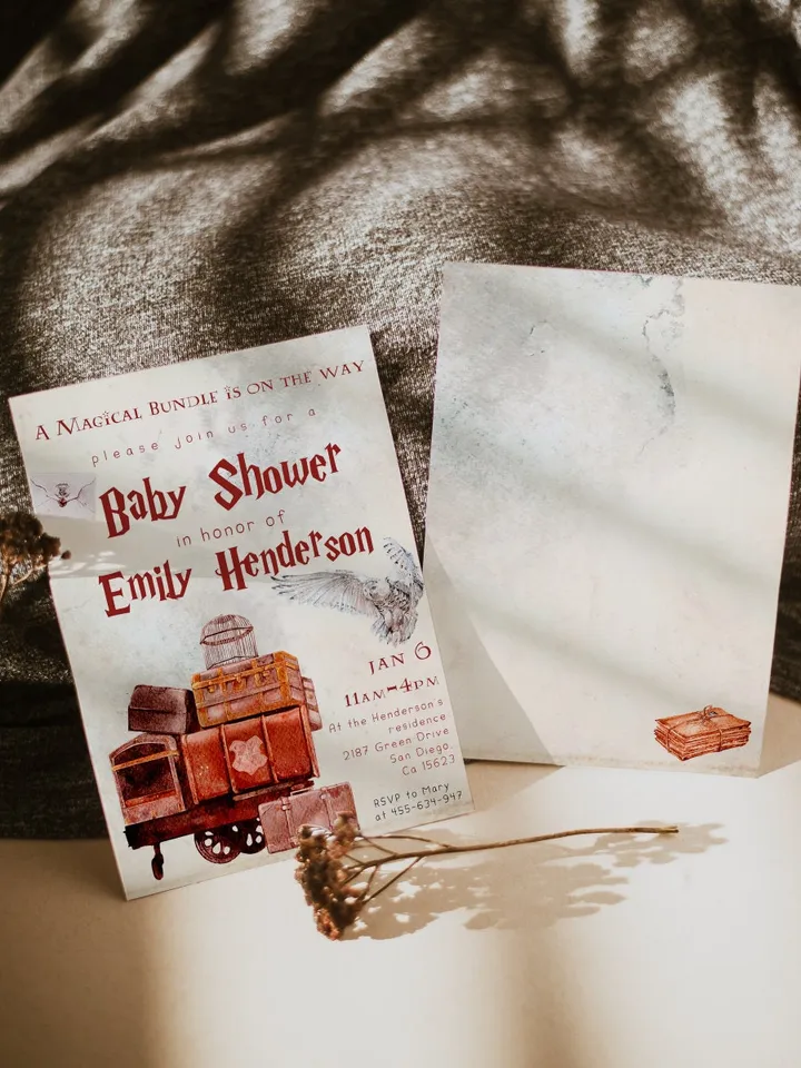 Wizard Baby Shower Invitation; Magic School Baby Schower Invite template; A Magical Bundle on the Way; Magic School Invite editable canva