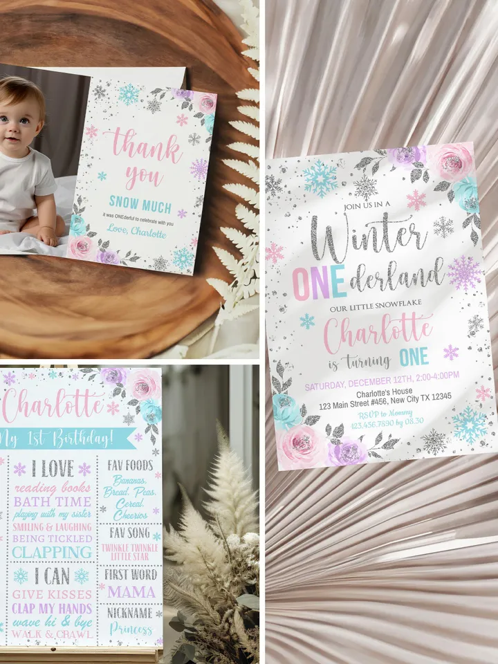 Winter Onederland Birthday Girl Decorations, Winter Onederland Birthday Party Package Bundle, Pink Blue Snowflakes Editable Template i098
