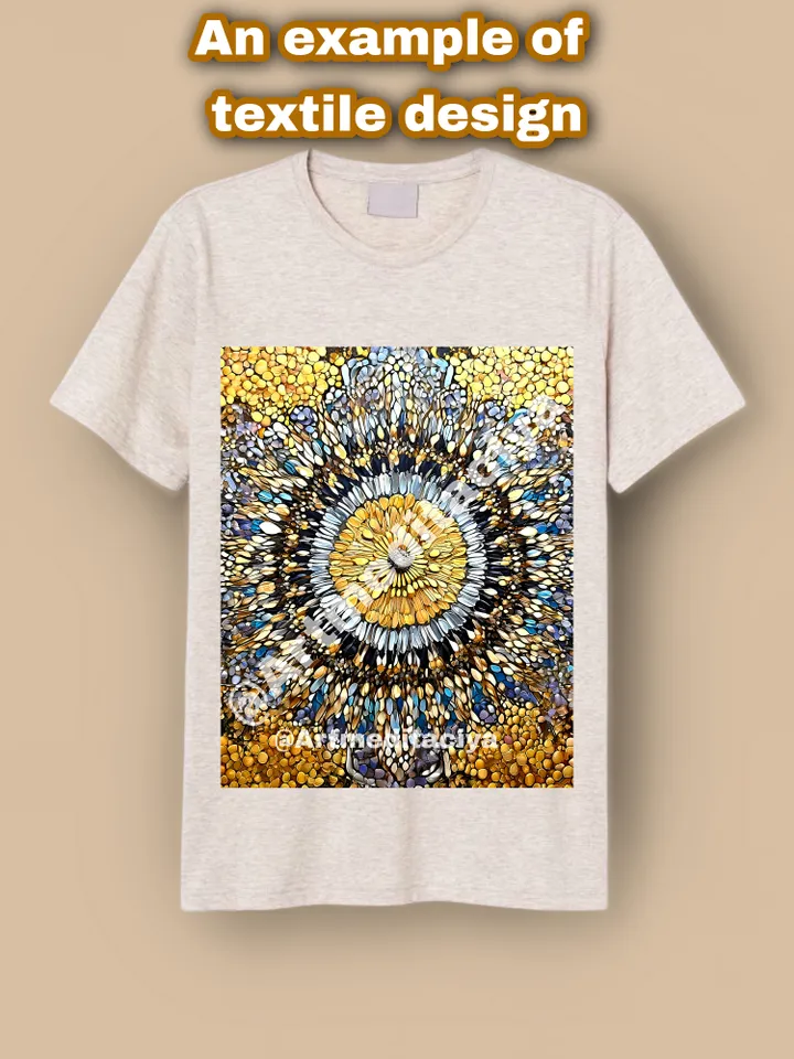 Modern digital abstract energy painting "Mandala of Harmony" abstract panel in bronze-gold shade with gray-blue, silver, black inclusions in the style of zenart, pointillism, interior painting
