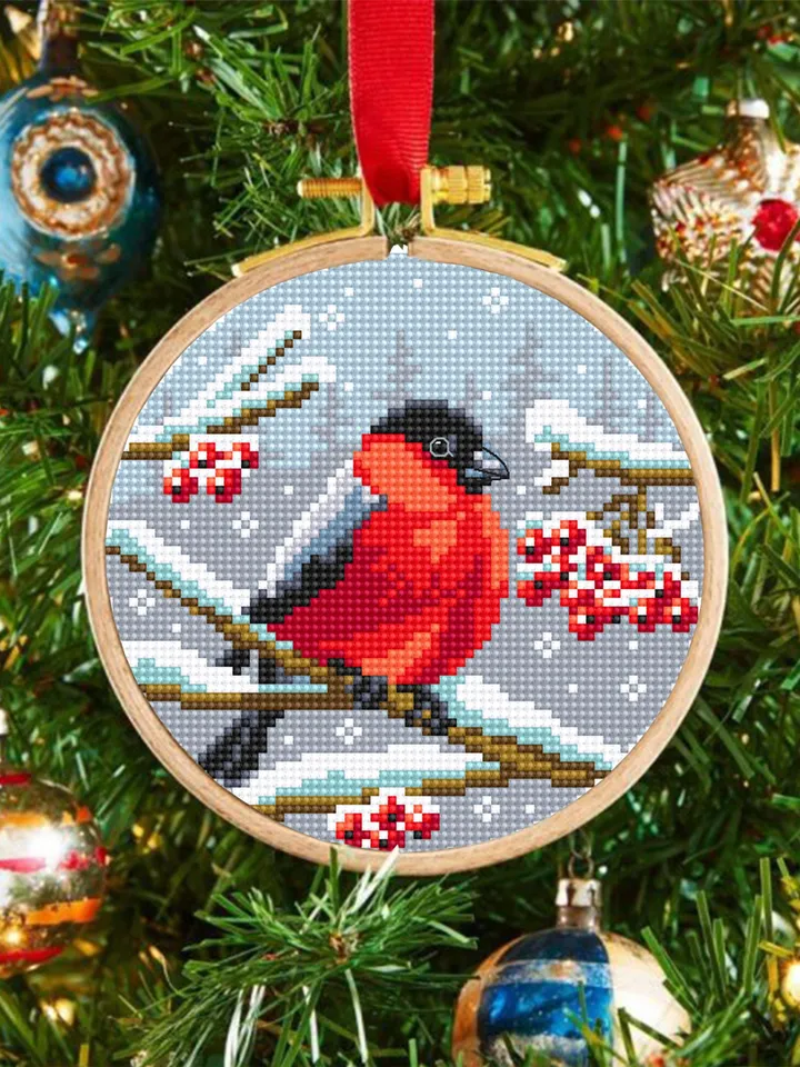 Bullfinch cross stitch pattern PDF download Winter red bird cross stitch chart, Christmas pattern digital PDF Snow nature cross stitch #N167