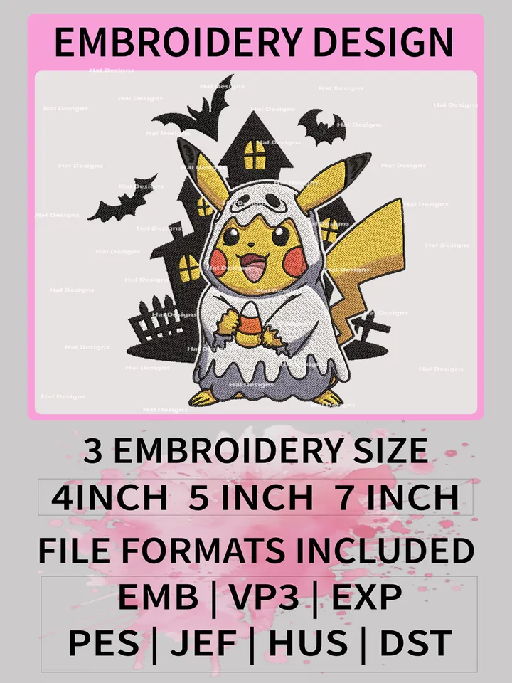 Pokemon Pikachu Halloween Embroidery Design, Halloween Dmbroidery, Anime Design, Embroidery file, Digital download