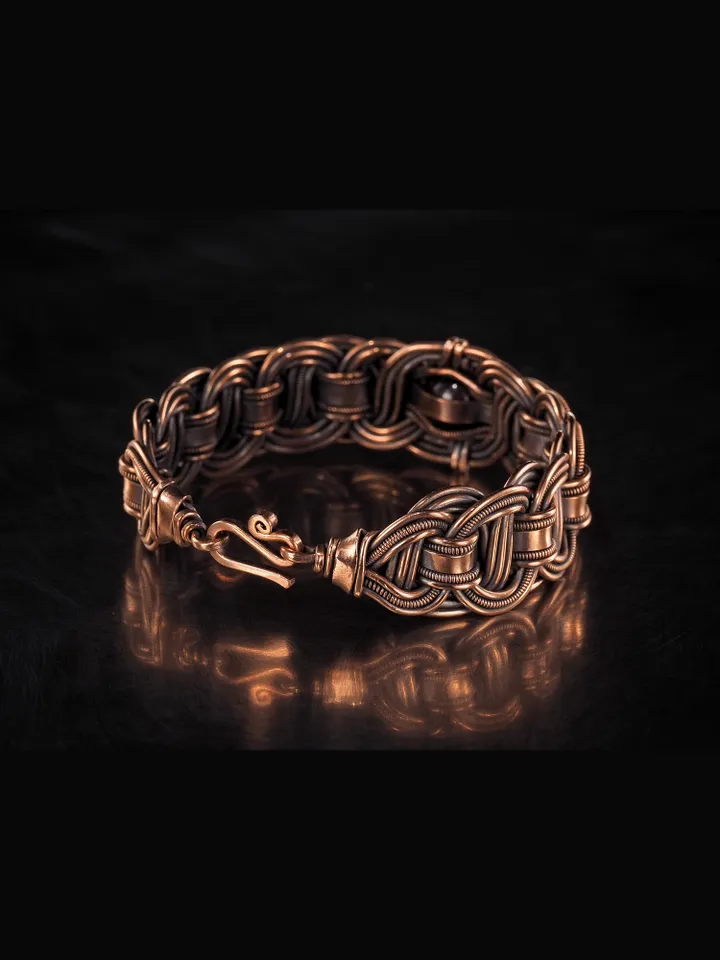 Copper wire wrapped garnet bracelet Unique bangle 7th Wedding Anniversary