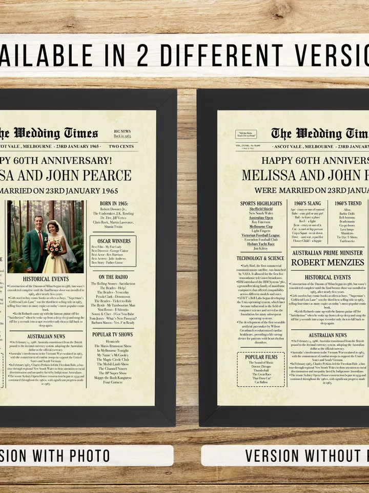 60th diamond wedding anniversary gift for parents 1965 australian newspaper poster printable the wedding times 60 year keepsake card