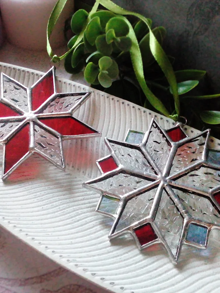 Set of 2 snowflake suncatchers, christmas ornaments, simple stained glass, Christmas decorations, Xmas tree star