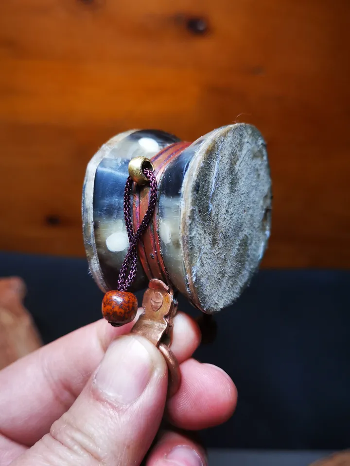 Gandhanra Handcrafted Tibetan Mini Chöd Damaru Drum – Sacred Ceremonial Ritual Implement for Tantric Practices - Carved from Yak Horn