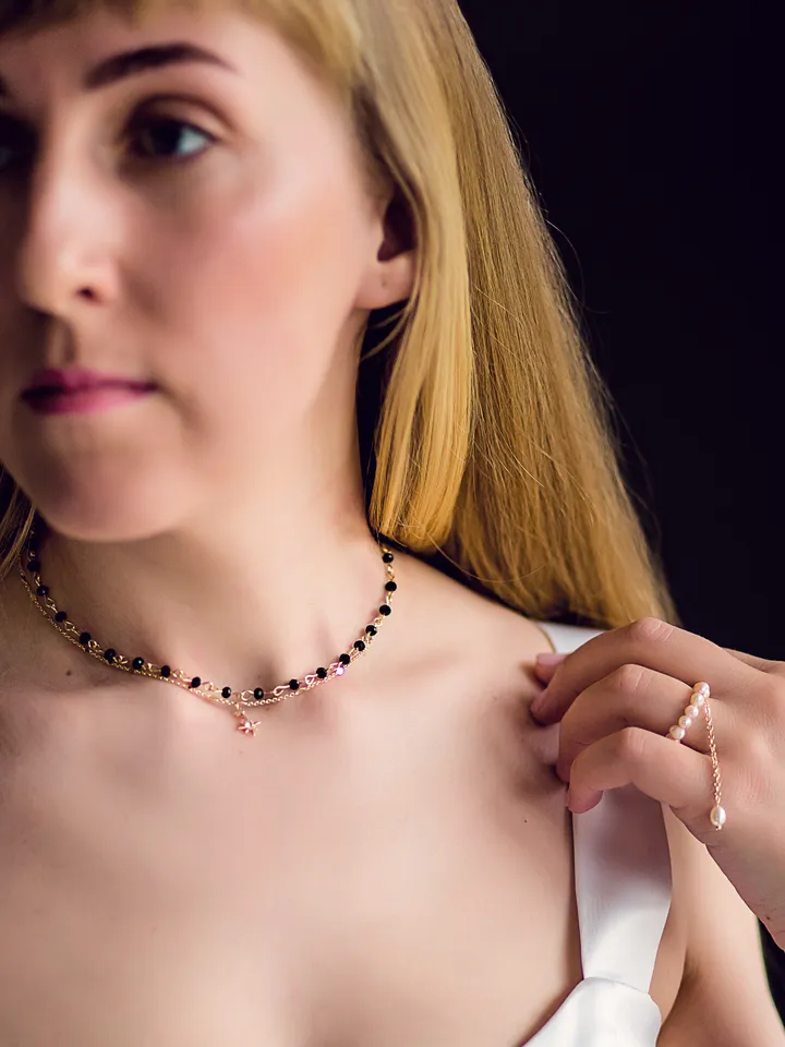 Black dainty beaded necklace, Double Layer Necklace, Dark necklace, Elegant layered jewelry
