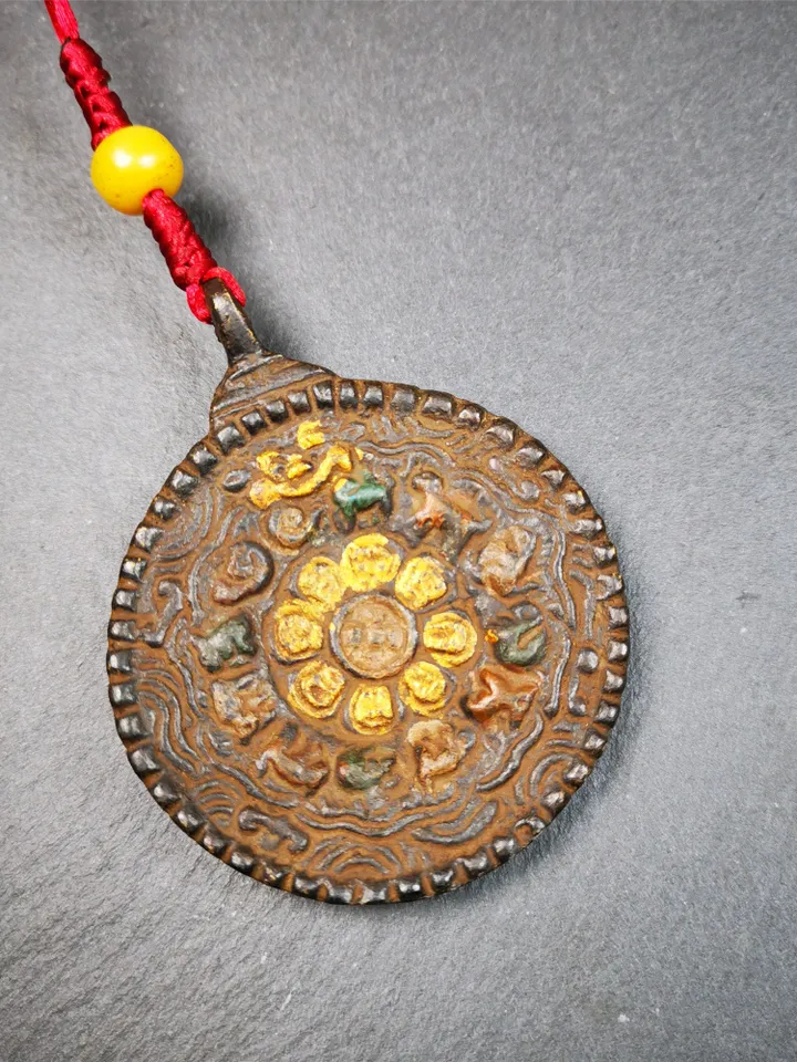 Gandhanra Vintage Tibetan Buddhist Calendar Badge, Black Dakini,Troma Nagmo Melong Mirror, SIPAHO Amulet(srid pa ho),Made of Thokcha,2.2"