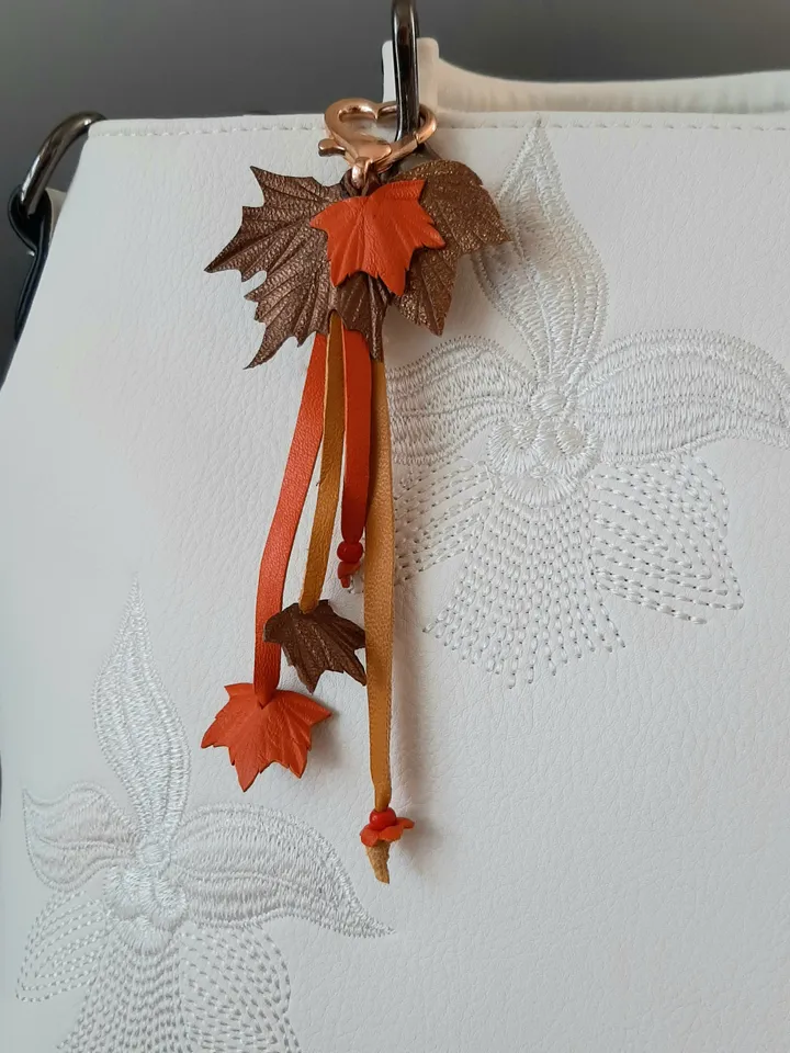 Orange maple Leaf Keychain Leather tassel charm Leather Pendant, art 11