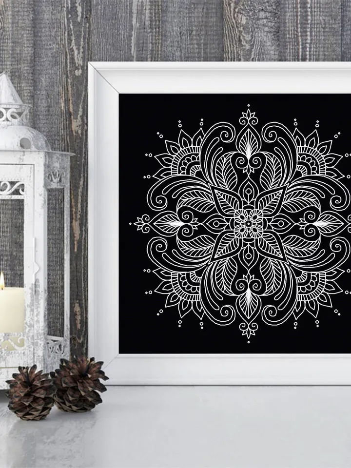 Floral mandala blackwork pattern PDF Blackwork mandala embroidery download PDF, Backstitch chart Mandala ornament, Blackwork embroidery #W30
