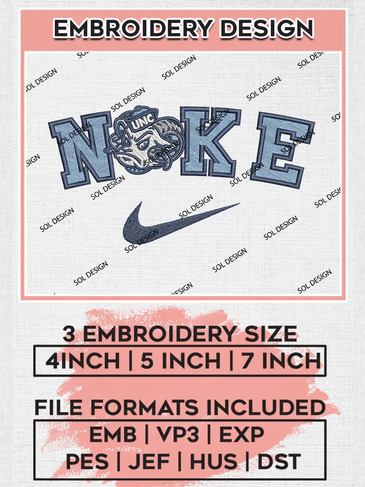 Nike North Carolina Tar Heels Machine Embroidery Design, NCAA North Carolina Tar Heels Embroidery Design Design files, NCAA Embroidery Designs, NCAA Machine Embroidery Designs, Digital Download