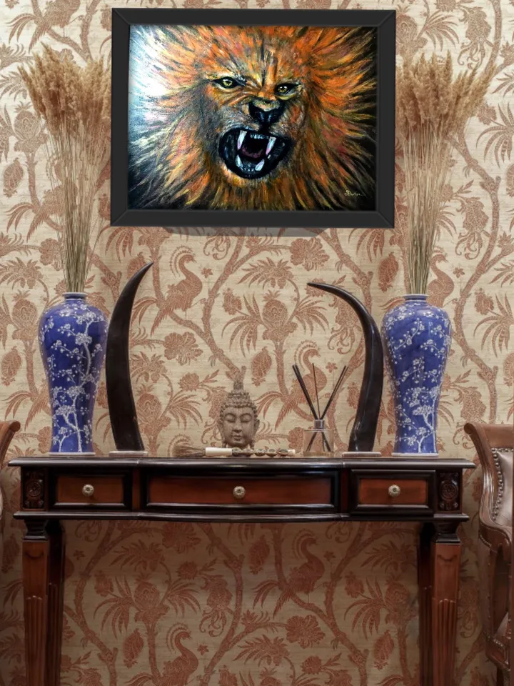 Lion painting ,roaring lion ,glow in the dark acrylic painting,canvas board,wall hanging,gift for him