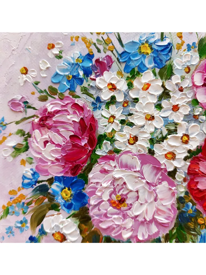 Original oil painting Peonies and Daisies Bright bouquet of flowers 8 by 8 inches (20x20cm) by OilPaintingNatali