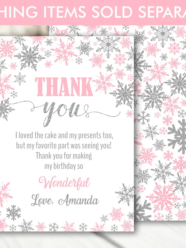 Winter Onederland Thank you card with photo, Winter Onederland Birthday Girl Decorations, Pink Silver Snowflake Note Card editable template