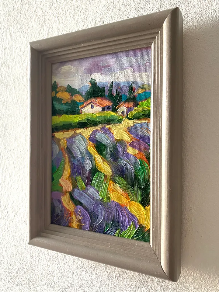 Lavender Fields Painting Tuscany Original Art Landscape Oil Painting Impasto Small Artwork 4x6 Tuscan Serenity Painting Wild Flowers