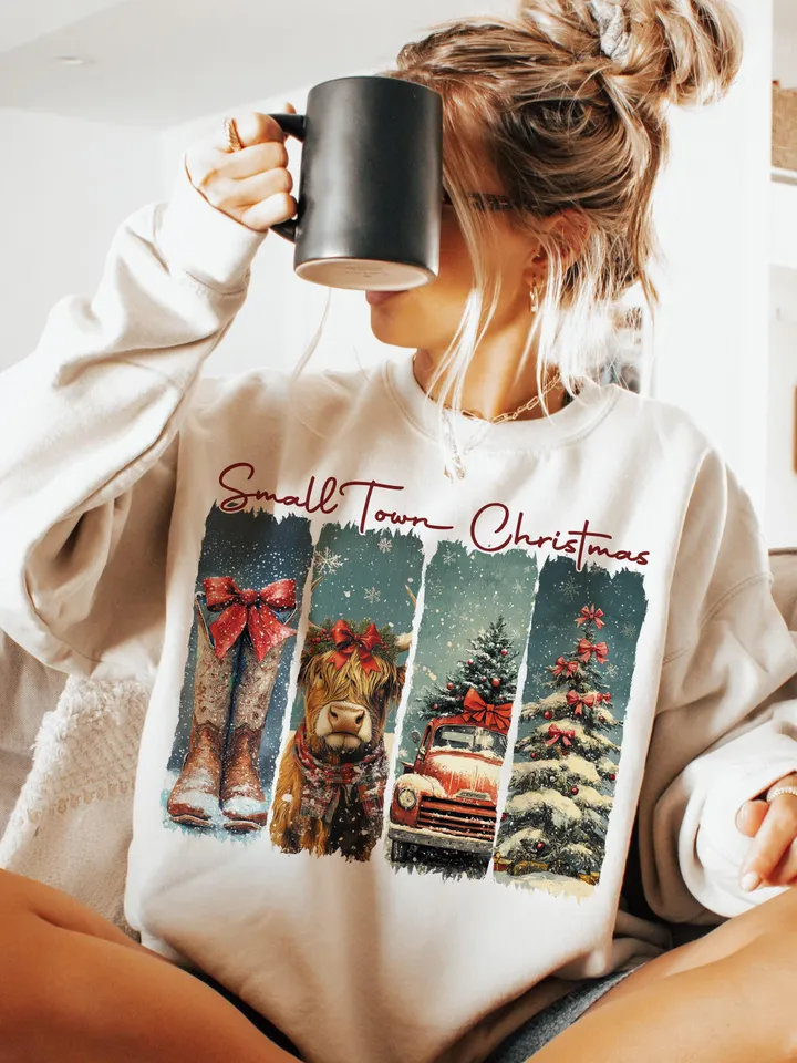 Vintage small town christmas PNG, Cowgirl Png, Small town girl Christmas PNG, highland cow Christmas png, Christmas western png