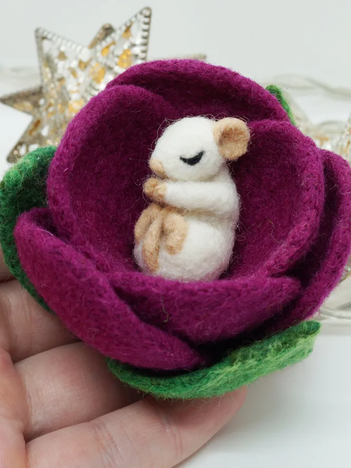 Miniature needle felted mouse sleeping in a purple flower, baby mouse, white mouse, made to order