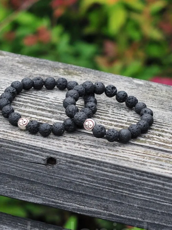 Couples Bracelets Set Genuine Lava Stone Ying Yang | Couples Gift Pairing Bracelets Gemstone Black | Couples Jewerly Bracelet Set Handmade