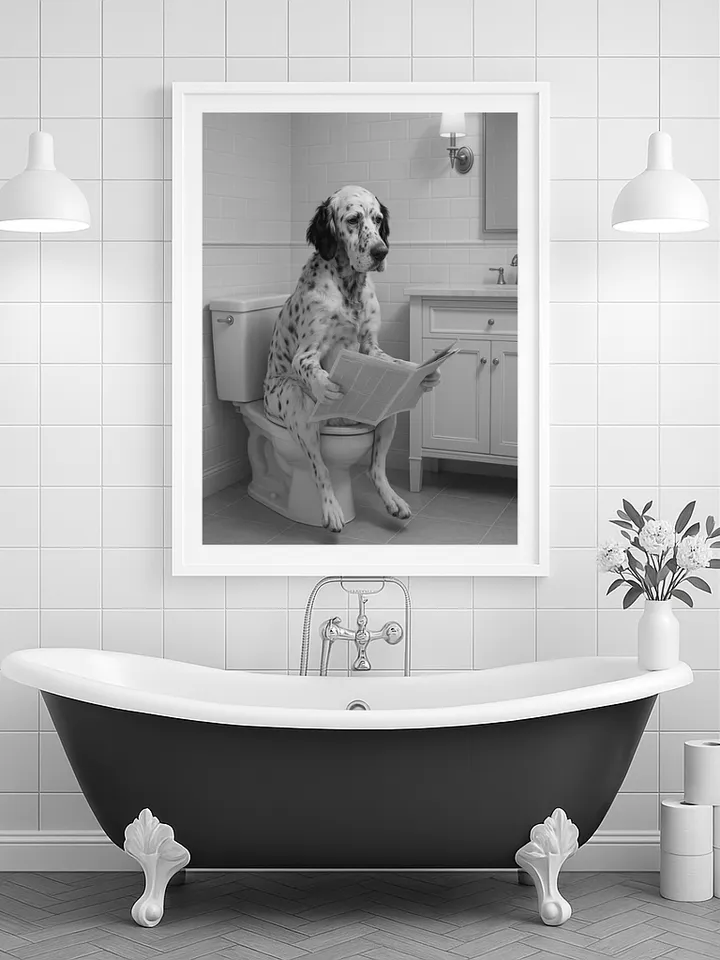 Funny Dog Reading on Toilet Wall Art, English Setter Bathroom Humor Print, Pet Lover Digital Download