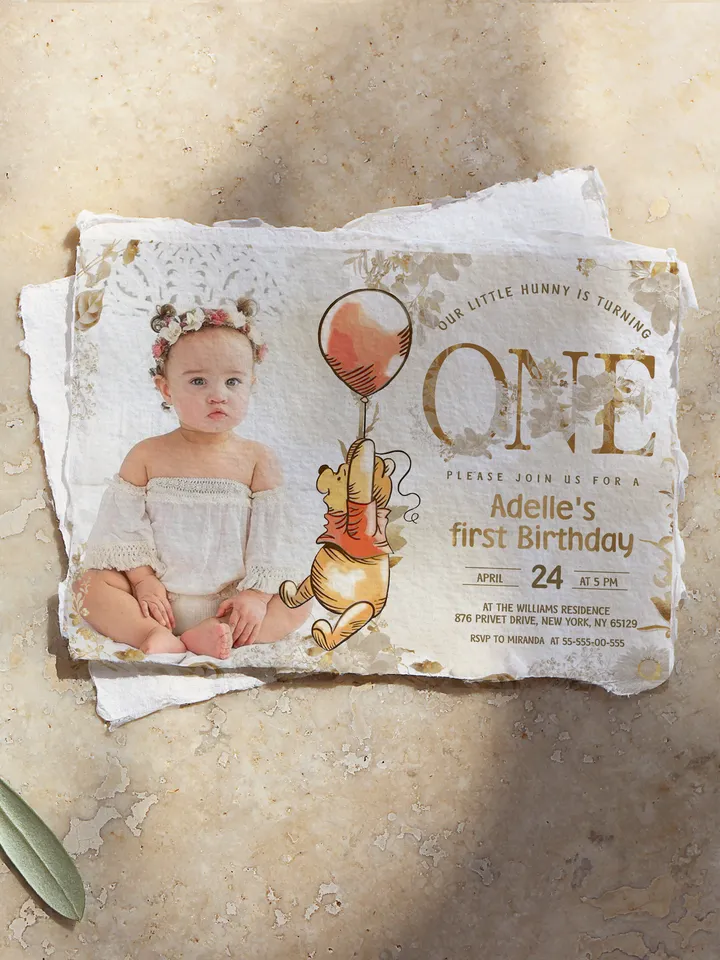 1st Birthday Winnie the Pooh Inspired ; Classic Winnie Pooh Invitations; Neutral Winnie Pooh Turning one Winnie Pooh Birthday Party poom88